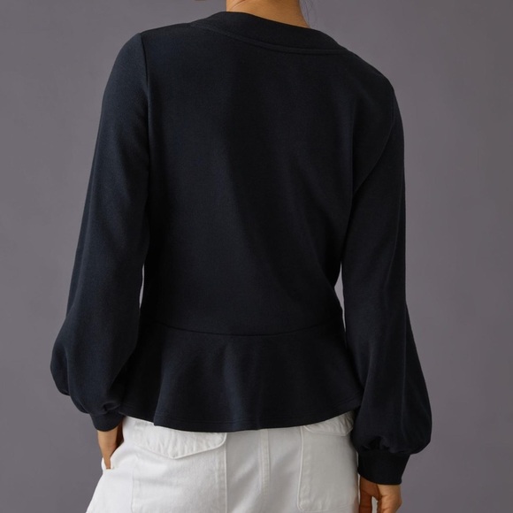 MAEVE Black V-Neck Ruched Sweatshirt with Peplum Hem puff sleeve Size Small - Picture 7 of 10